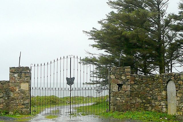 Tall steel gates between stone piers in Co Galway